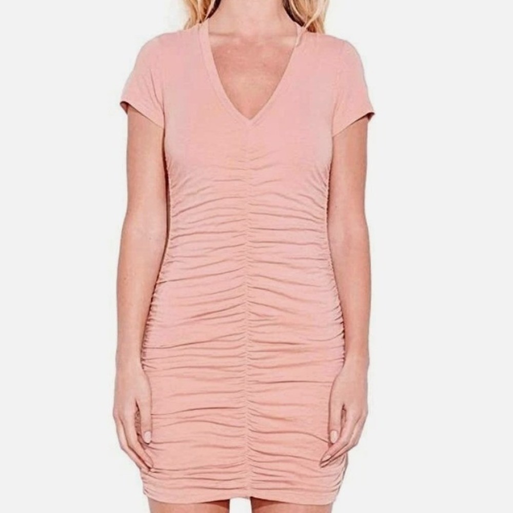 Sundry Size 1 Pink Ruched V-Neck Short Sleeve Dress in Pink Size Small